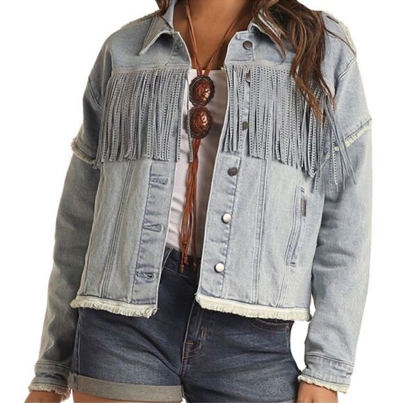 Rock and Roll Denim Light Wash Studded Fringe Denim Jacket - Picture 12 of 12